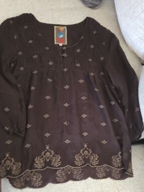 Johnny Was Brown Embroidered Tunic Top